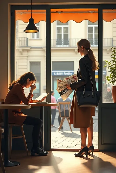 an image depicting two women , one sitting at a table in the corner and drinking her coffee with her head down while reading a book and the other entering the cafeteria with a bag and several magazines from Éclat Parisien going to the checkout line to buy ...