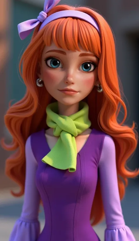 Daphne Blake from "Scooby Doo" as a 3D CGI character rendered. Wearing a purple dress with lavender sleeve cuffs. Redhead hair with bangs and a lilac heaband, realistic gorgeous hair texture, purple eyes, lime green cute scarf, smart and cute. Pixar qualit...