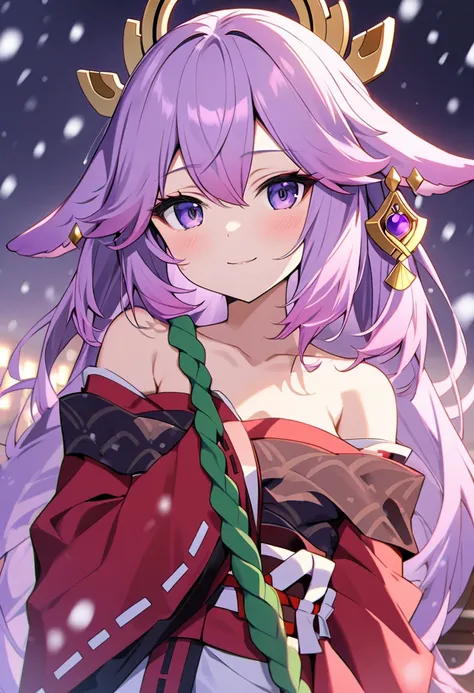 [[[[yae miko]]]], lilac hair, gradient hair, purple hair, dark red japanese clothes, green rope, solo, snowing, [[off-shoulder, floppy purple ears]], light smile