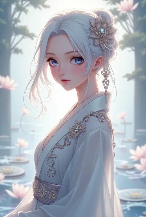 A mid-shot anime-style portrait of a beautiful young girl radiating elegance and nobility. She has delicate features,dark blue eyes,and flowing white hair adorned with luxurious accessories. She wears a silver-white,semi-transparent opulent robe that seaml...