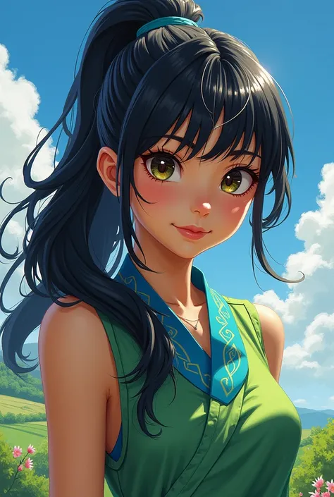 A 17-year-old brunette with long black hair with bangs and ponytail wearing a green tunic With blue details a closed sleeveless tunic in the background an immediate landscape
Extroverted age.