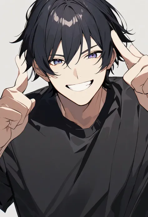 man,  Smiling , Raise two fingers, Look straight ahead, Black hair,  black shirt