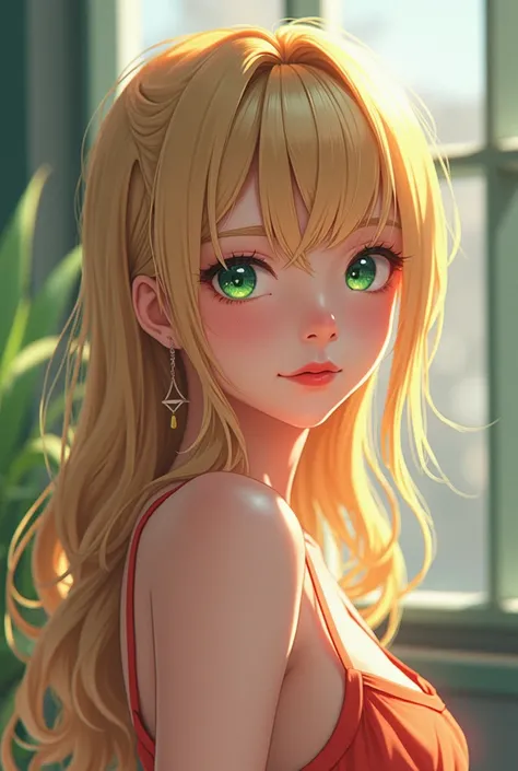 anime realism, realistic, detalles ultra realistics: velvety skin,  long blonde hair and green eyes.combed to one side, symmetrical lips, bright red light_ lipstick, _eyelashes, students, BREAK, ultra realistic 8k cg,  masterpiece  ,((( full body ))), The ...