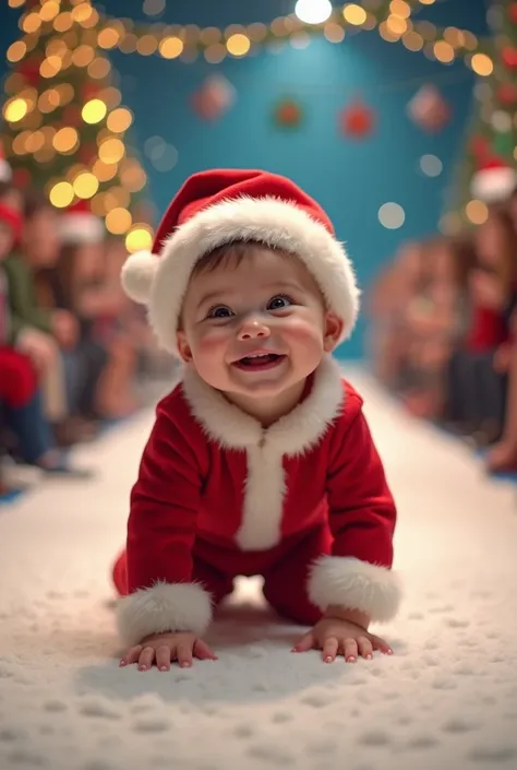 A cute baby crawling on a runway, wearing Christmas-themed clothes, such as a red onesie with white fur details and a Santa hat. The background features Christmas decorations, including illuminated Christmas trees, colorful gifts, and sparkling lights. The...