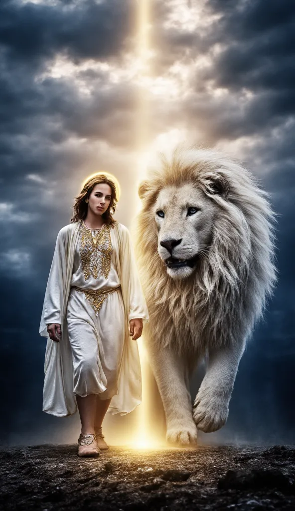 create an ultra-realistic, cinematic 9:16 image of a tall, majestic jesus christ walking forward beside a colossal white lion. j...