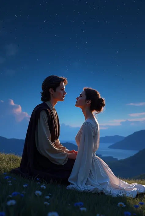 Create a photo where Natalie Portman and Hayden Cristensen are stargazing like Anakin and Padme on Naboo