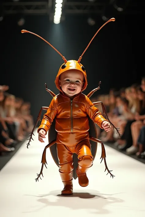 A smiling baby parading on the runway dressed as a cockroach