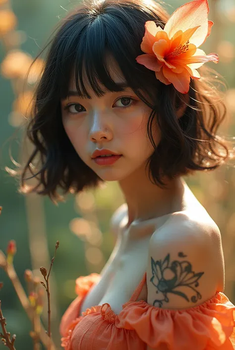 editorial_photography,super_detailed_background,Super_realistic,double_exposure,depth of field,super_slender_skinny vibes,soft_focus bright tone,narrative_scene,brilliant_beautiful_Chinese_female fused with flower_fairy,straight_short_hair,curly_bangs,myth...