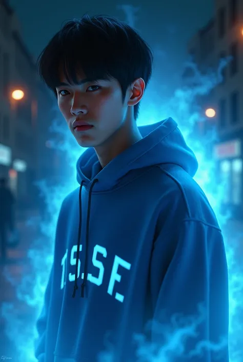  HD picture Korean guy 26 years old black short hair wearing blue hoodie name DEDI T.S.F on the chest glowing backside black aura night 