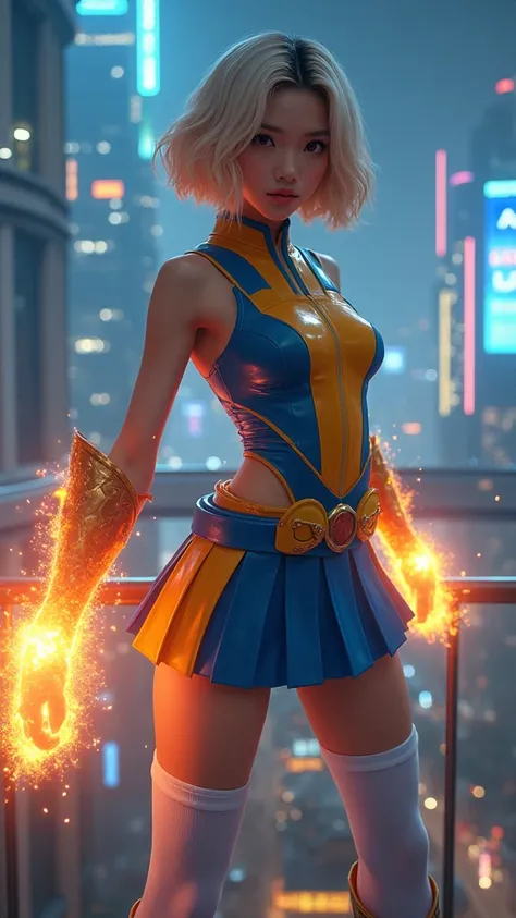 (Qingxu_ Asian beauty portrait realistic photography_Snow Scene Photo_V11), (Qingxu_ Asian beauty portrait realistic photography_Snow Scene Photo_F.11),female teen short blonde superheroine con poderes de fuego wearing blue and yellow leotard with skirt co...