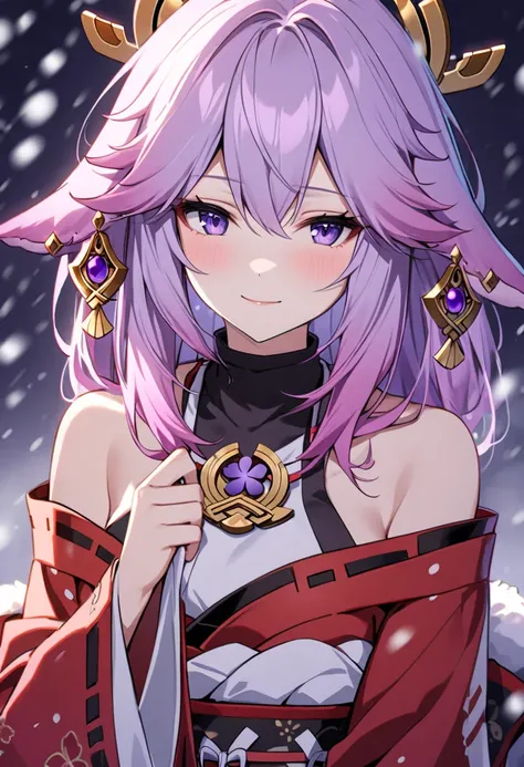 [[[[yae miko]]]], lilac hair, gradient hair, purple hair, dark red japanese clothes, solo, snowing, [[off-shoulder, floppy purple ears]], light smile