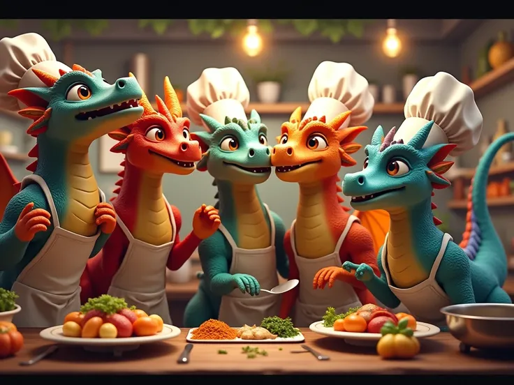 create an image of a team of dragons working in a restaurant posing for a selfie