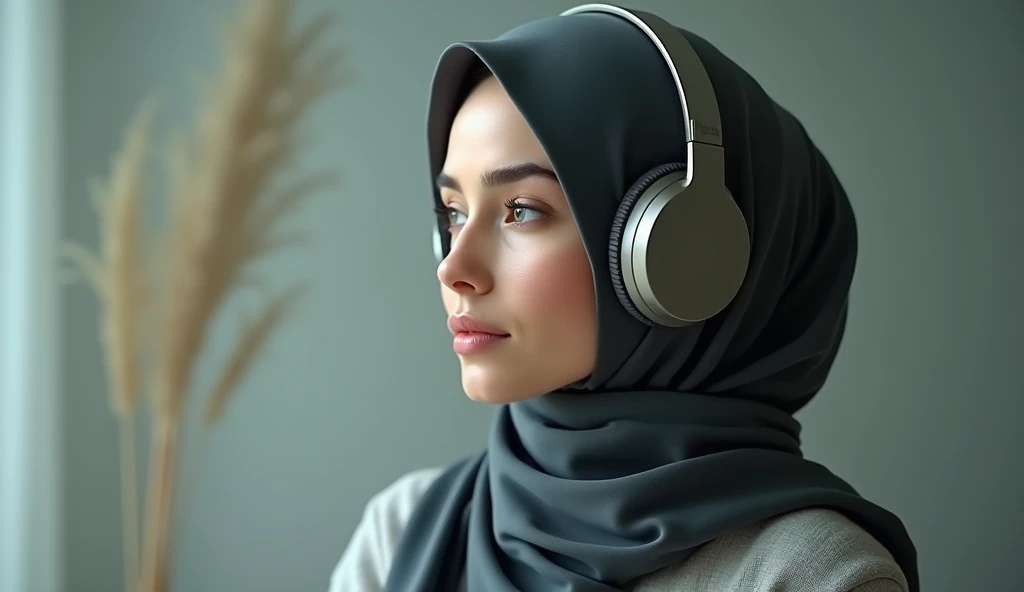 beautiful woman in hijab wearing headphones