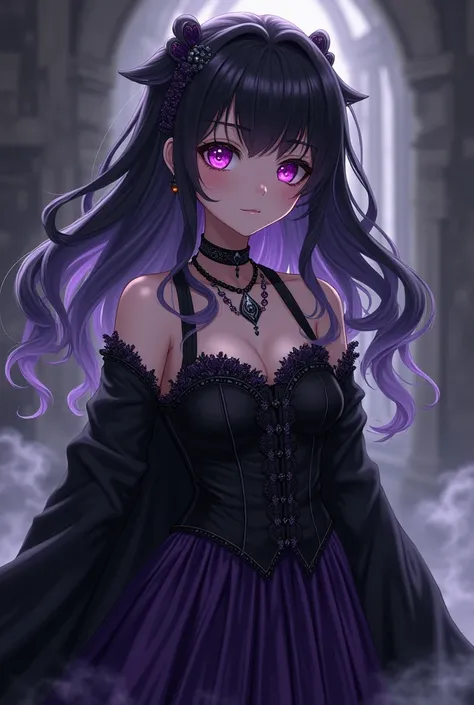 Teen pretty girl in skirt, underworld, Hades daughter, black hair with purple and silver streaks, classic, gothic waves, glowing, expressive eyes, punk style with regal flair, flowing, velvet dark skirt, clothing with greek accents, black rings, necklace, ...