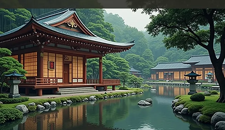 a close up of a building with a pond in the middle of it, japanese house, lush japanese landscape, japanese village, japanese style, japanese temple, chinese style, japaneese style, traditional japanese, kyoto inspired, japanese town, japanese architecture...