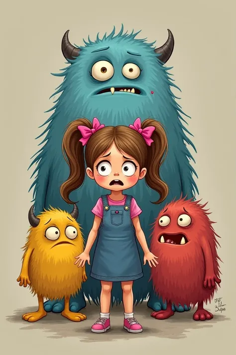  girl with long hazel brown hair in pigtails with big pink ribbons wearing a denim jumper dress underneath is pink shirt looking like scared. Behind her is 3 monster that looking to her: yellow, frustrated. blue, sad. and red, angry. the background is some...