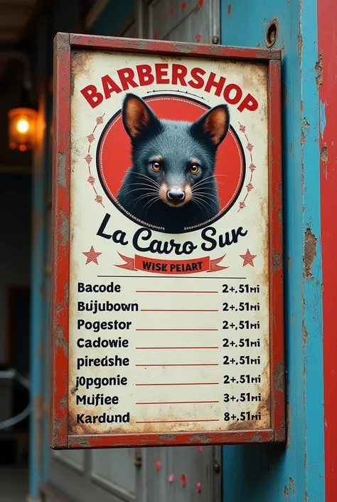  I want to create an advertising sign that will go to the front of a barber shop ,  I want it to be a vertical rectangle shape , I want it to have a price list , degraded, beard,  eyebrows and the title I want it to say barbershop la caro sur ,  I want it ...