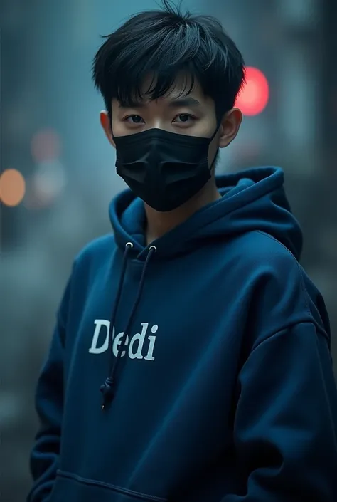 HD picture Korean guy 26 years old short hair black hair wearing mask wear easy blue hoodie name DEDI on chest glowing backside black aura night