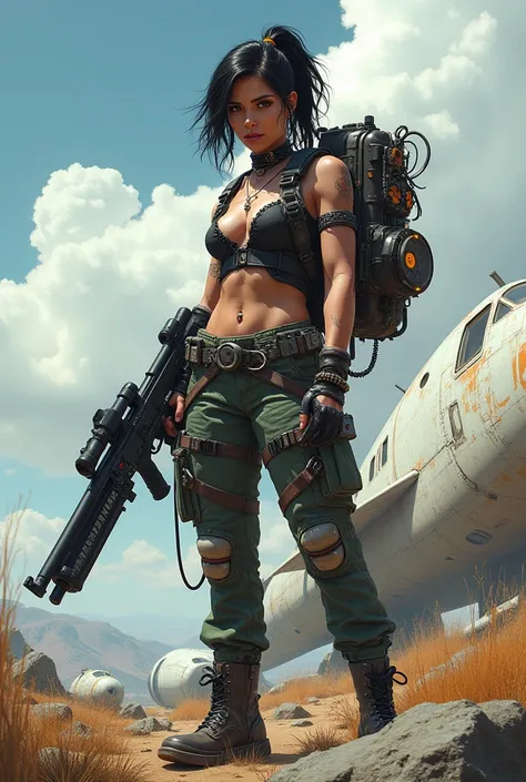  On the rock hill fight  ,  neglected full body there is a strong woman  ,  big  sexy solid contains ,  cyberpunk hair , membawa senjata shotgun war bermodif dengan sistem bidikan terang warna hitam putih oren,   wearing a gothic steampunk corset with mech...