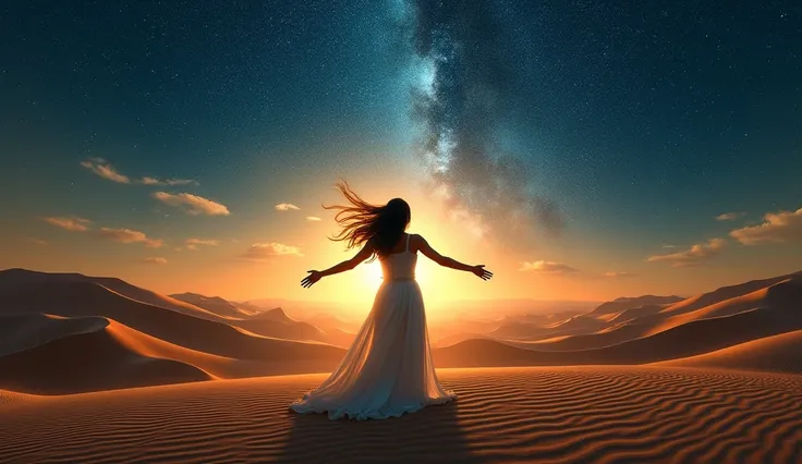 14	A panoramic view of an endless desert under a star-filled sky; at the center, a silhouette of a woman with flowing hair stands with arms outstretched, a soft glow surrounding her, symbolizing surrender and divine communication —ar 16:9
