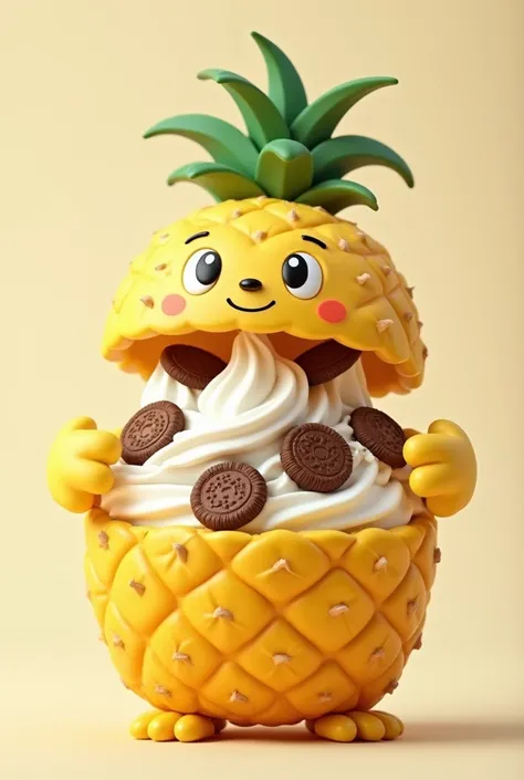 Pineapple with paws hands eyes and happy ,  split in half filled with ice cream and cookies