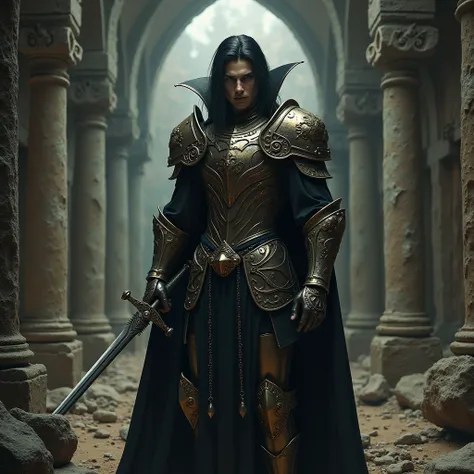 Handsome Vampire Man , of long black hair,  wearing antique armor, holding a staff, and a sword, in an old crypt, realistic