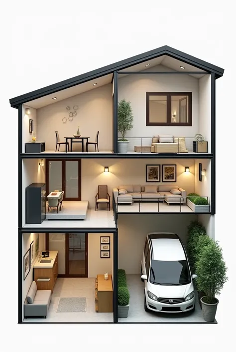 IMAGE OF HOUSE WITH CROSS SECTION, Where the distribution of the environments such as a kitchen can be observed closely, A DINING ROOM, living room, Bathroom, A LAUNDRY, a bedroom, balcony, TERRACE AND PARKING