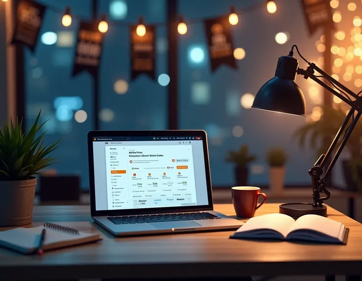  A modern work desk with an open laptop showing the screen of an affiliate platform (like Hotmart or Eduzz ),  next to a notebook with notes and a coffee mug , com banners de Black Friday decorando o fundo."