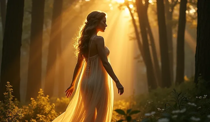 Echo, a nymph with delicate, translucent features, steps forward in a quiet Greek forest filled with golden light and towering trees. She reaches toward Narcissus, her expression filled with unspoken love and desperation. Narcissus, glowing with otherworld...