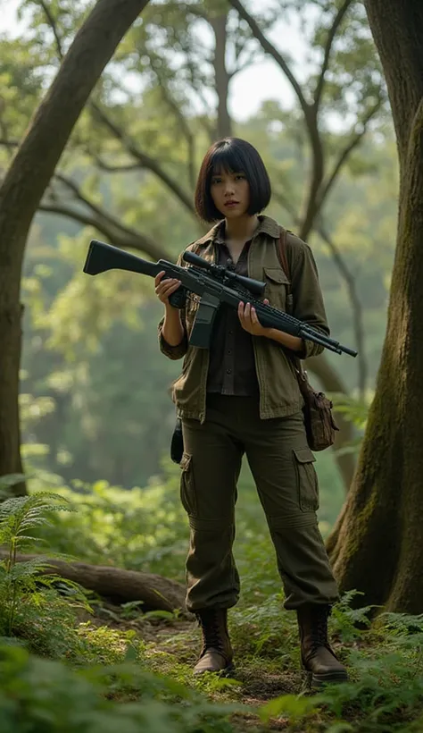 a beautiful 26 year old thai woman with short black hair, wearing a hunting outfit and holding a rifle, in a primeval forest setting, action shot, photorealistic, (best quality,4k,8k,highres,masterpiece:1.2),ultra-detailed,(realistic,photorealistic,photo-r...