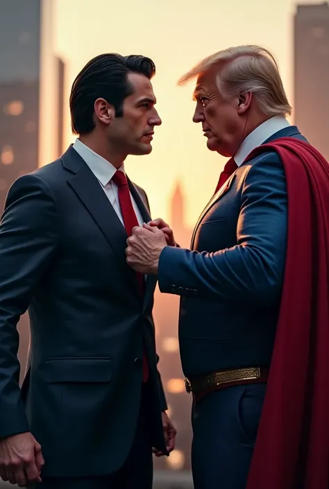 US President Trump wearing suits and looked at Superman affectionately. Trump push Supermans chest.
a muscular Tyler Hoechlin with chiseled features, black hair, and piercing blue eyes, wearing a red and blue superhero costume with a cape, flying through t...