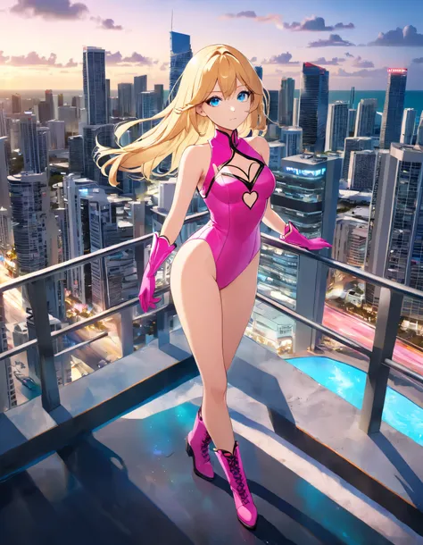 Masterpiece, best quality, high res, 8k, A stylized anime character design featuring a young, attractive female character with long, flowing, golden-blonde hair and bright blue eyes. (She wears a sleek, form-fitting, pink sleeveless leotard with a heart-sh...