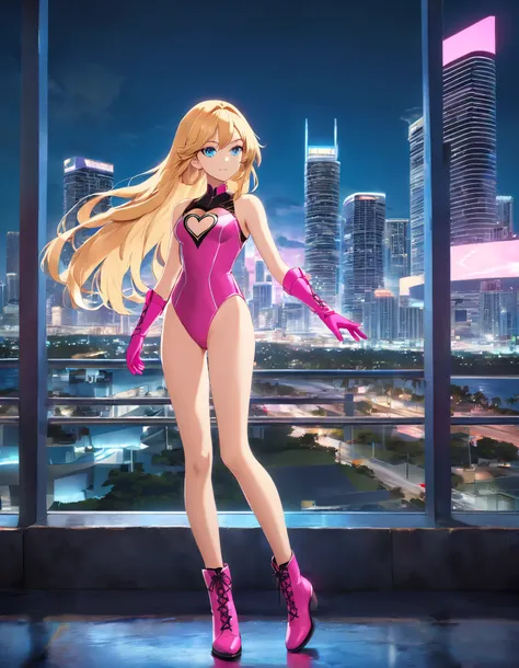 Masterpiece, best quality, high res, 8k, A stylized anime character design featuring a young, attractive female character with long, flowing, golden-blonde hair and bright blue eyes. (She wears a sleek, form-fitting, pink sleeveless leotard with a heart-sh...