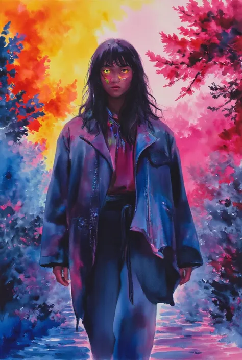 In a mesmerizing oil painting, a mysterious figure emerges from a haze of swirling colors. Their retro attire shines with metallic accents, while vibrant neon lights illuminate their expressionless face. The composition exudes nostalgia and intrigue, leavi...