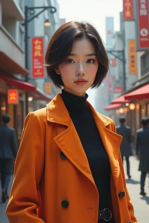  realistic, Short hair,  wearing a pretty coat, the background is not blurry,  street , 예쁜 코트를 입은, Japanese woman