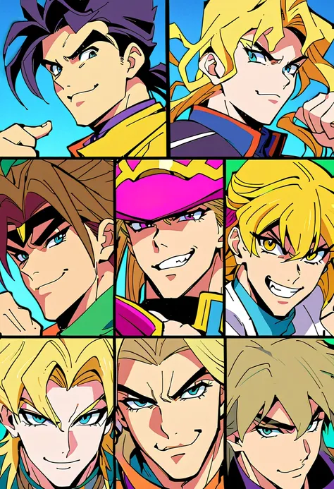 a close up of a man with blonde hair and a blue shirt, roguish smirk, furio tedesschi, yugioh style, nefarious smirk, okita sougo, dramatic smirk pose, dio brando, joseph joestar, yami kawaii, yugioh art style, gyro zeppeli, giorno giovanna