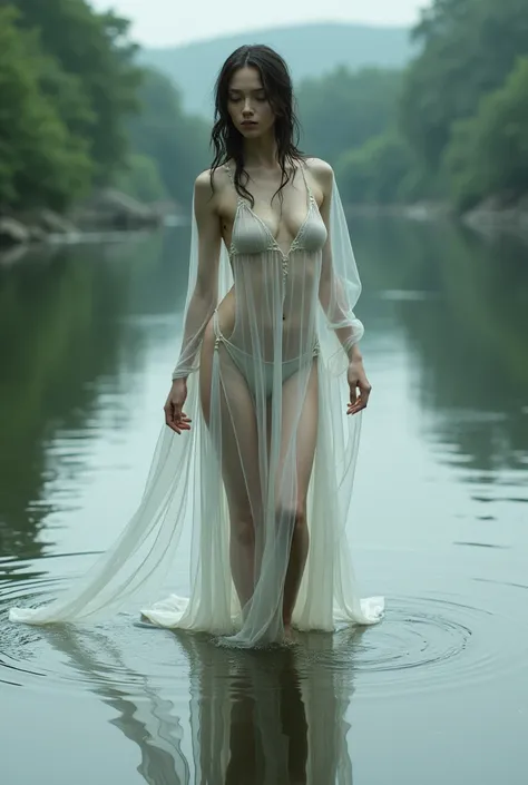 araffe in a white dress is standing in the water, nymph in the water, in a lake, in a pond, in the water, in lake, in water up to her shoulders, draped in transparent cloth, wet fabric, in water, covered in transparent cloth, on a lake, wearing a wet white...