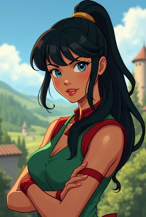 a woman, Young, , blue eyes, long black hair with a ponytail and a fringe  , pele morena,  arms crossed,  wearing a green tunic with sleeveless red details in the background a medieval landscape Animation style