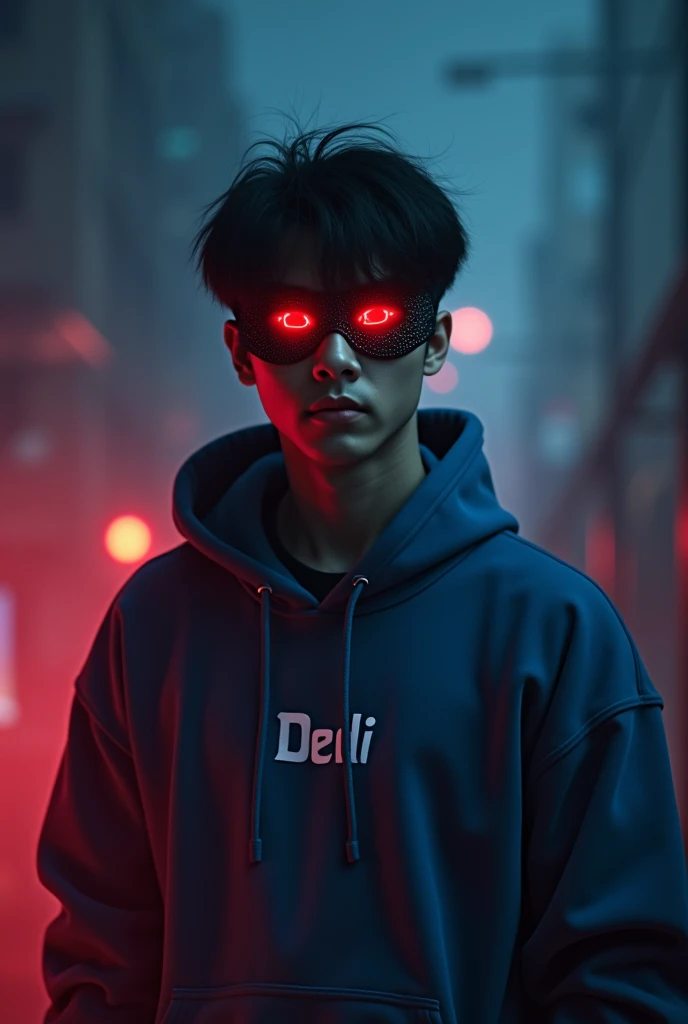 HD picture Korean guy 26 years old short hair black hair wearing red eye mask appeasing the devil wears easy blue hoodie name DEDI on chest glowing backside black aura night