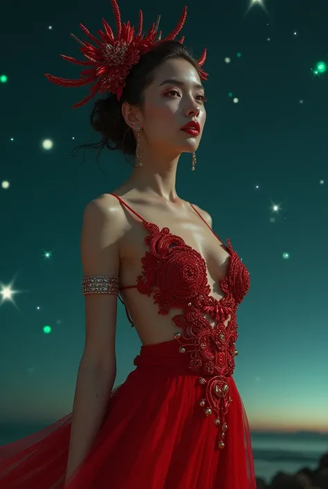 Create a sexy half-naked woman wearing red vaza clothing inspired by the sky with stars in the color Blue and Green 