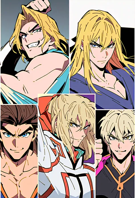 a close up of a man with blonde hair and a blue shirt, an anime drawing inspired by Sakai Hōitsu, tumblr, shin hanga, roguish smirk, furio tedesschi, yugioh style, nefarious smirk, okita sougo, dramatic smirk pose, dio brando, joseph joestar, yami kawaii