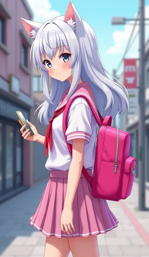 Create an anime-style illustration of a girl wearing a pink middle school uniform. The girl has long, slightly wavy white hair, cat ears on her head, and gray-blue eyes. She is carrying a hot pink backpack and holding a smartphone in her hand while walking...