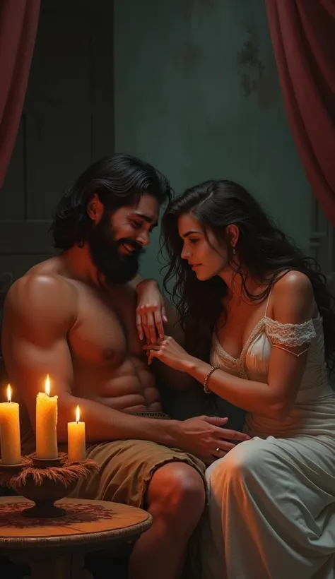  Heres topic 3 for you to copy :

Samson seduced by Delilah :
 Create an image of Samson sitting next to Delilah in a candlelit room.  Hes relaxed and smiling ,  as she gently runs her fingers through his hair , With a treacherous look.
