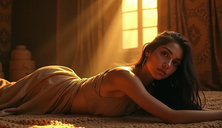 17	A dramatic depiction of an ancient bedroom, a woman in her early 20s, with long dark hair and almond-shaped eyes, lying on a woven mat, her expression serene as golden light streams through the window, representing divine revelation —ar 16:9
