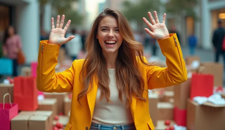 A girl in a model pose having fun after shopping, with many shopping bags around, (Burn hair:1.6), Mid shot, real photos, high quality, reality, (Dynamic pose: 1.7)