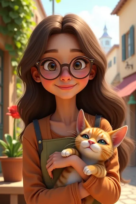 Animated woman with long brown hair who wears glasses and who carries a cat with her 