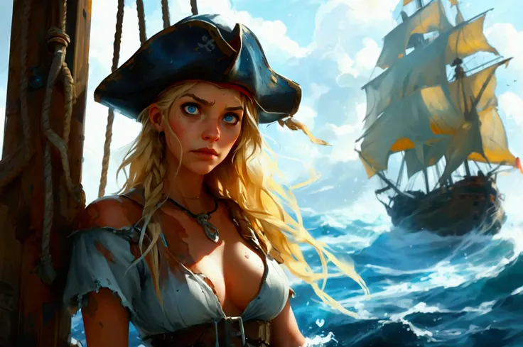 (Realistic:1.2), Grimy 24-year-old blonde pirate woman with weathered skin, sea-sprayed hair, and a salty gaze leaning against mast of. her storm-battered ship, a dagger by in her hand limp at her side, exhausted after another sea battle. The rough grey se...