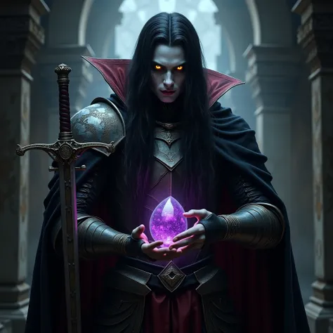  very bleached vampire with eyes , iris, yellow pupils , of long black hair,  wearing antique armor,  holding a purple stone and exuding magic ,  and in the other hand a sword ,  in a very dark ancient crypt with a black fog, realistic