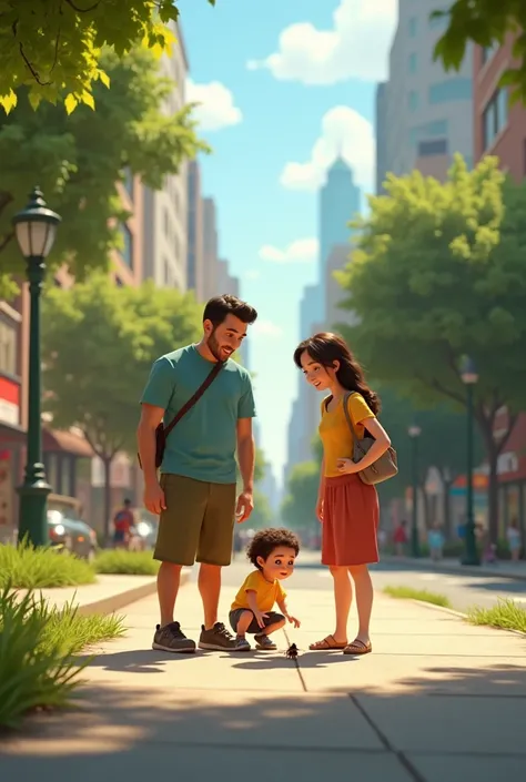 dad, Mother and daughter, pixar , without backpacks ,  in a big city, they look at a bug on the path