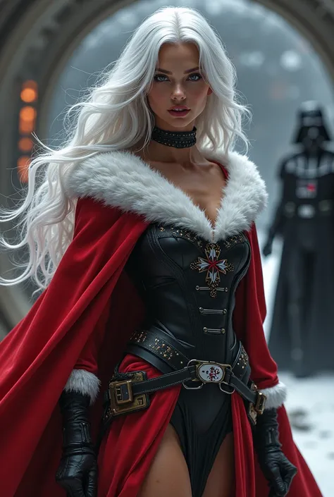 A sexyfemale  with white long hair a dress that looks christmas santas cloth like but also fightable in the dress is more like a black red. She loves star wars, it is one girl and she is in the death star next to santa clause darth vader